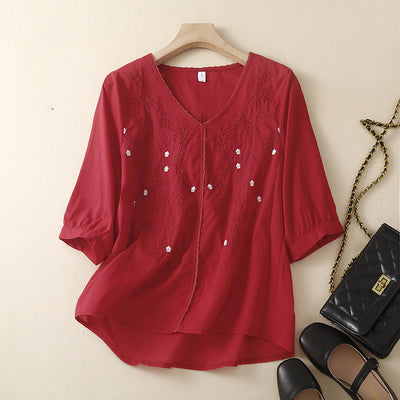 Cotton And Linen Thin Embroidery Loose Shirt Women